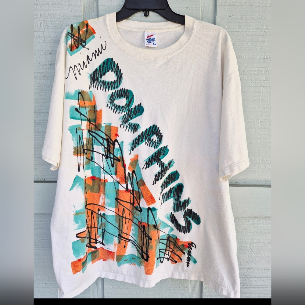 Miami Dolphins Football Vintage White Tee with Orange Teal Graphics XL S/S